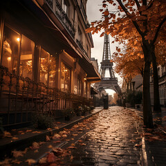 autumn landscape of Paris, park fountains, fallen leaves