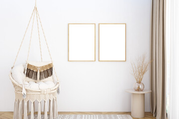 Frame and poster mockup in Boho style interior. 3d rendering, 3d illustration