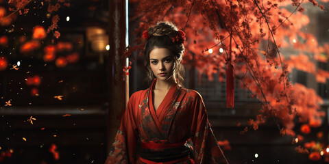 Fototapeta premium Hübsche Model Frau mit Asiatischen Kimono mit einzigartigen Hintergrund als Kulisse im Querformat für Banner, ai generativ