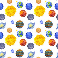 Seamless pattern planets solar system. Mercury Venus Earth Mars Jupiter Saturn Uranus Neptune Sun. Hand draw watercolor illustration white background. For print fabrics, packaging