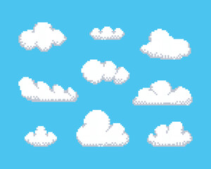 Set of pixel art clouds,  suitable for creating various scenes and levels in 8 bit games.