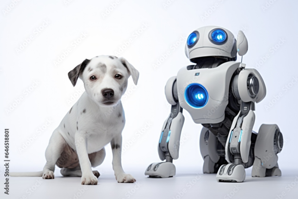 Poster a dog and a robot sitting next to each other. generative ai.