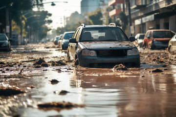 Fototapeta premium Flooded cars on on city street. Dirt and destruction after natural flood disaster