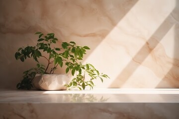 Minimal empty white marble stone counter table top, green tree in sunlight. Generative AI
