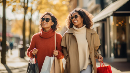 Two girlfriends is walking down the street with bags while shopping