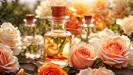Obraz na płótnie Canvas Cosmetic oil, rose flower on a nature background