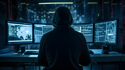 Back view of unrecognizable man in hoodie standing near desk and reading stolen data from computer, monitors in dark room before massive cyber attack on servers generativ ai