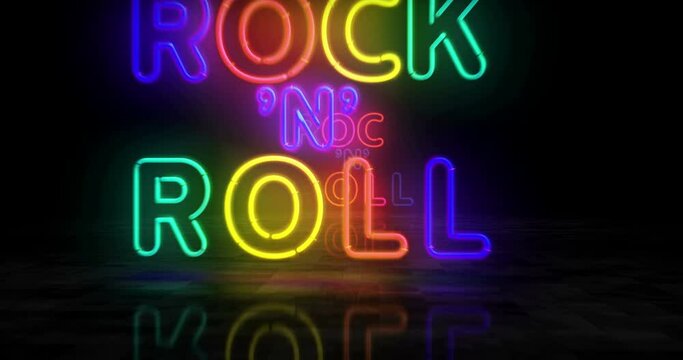 Rock-n-roll neon symbol. Light color bulbs. Rock n Roll music club retro style  abstract seamless and loopable concept. 3d flying through the tunnel animation.