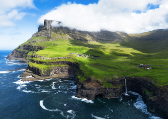 Faroe island landscape - waterfall from drone, Denmark - obrazy, fototapety, plakaty