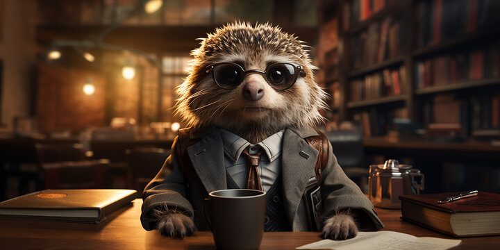 Lustiges Tier Igel cartoons verkleidet zum Beruf im Querformat als Banner, ai generativ