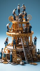 Group of toy plastic workers building large industrial mechanical contraption working as a team. Generative AI - obrazy, fototapety, plakaty