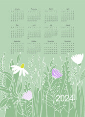 Calendar vector template for year 2024 with hand drawn wild flowers on light background