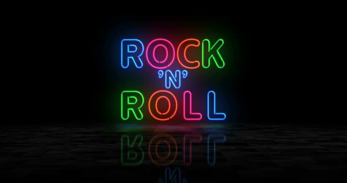 Rock-n-roll neon glowing symbol. Light color bulbs. Rock n Roll music club retro style  abstract concept 3d animation.