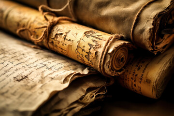 Very old manuscripts and parchment Holy Scriptures books with some degradation by the action of time Generative AI Illustration