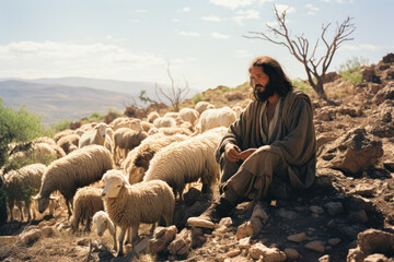 Jesus Christ our Savior The Lamb of God herding and taking care of His flock sheep in the nature Generative AI Illustration - obrazy, fototapety, plakaty