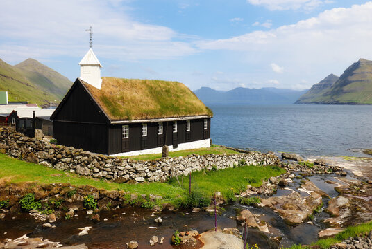 Grass roofed Church in the village of Funningur on the island of Eysturoy, Faroe Islands, Denmark