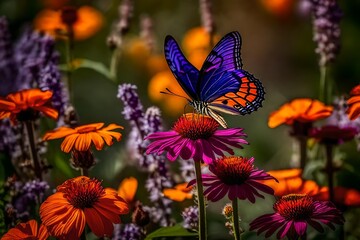 A beautifully butterfly flying on the colorful flowers. AI Generative
