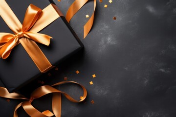 Black gift box with orange ribbon on grey background, copy space