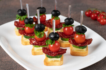 Canape with cherry tomatoes, sausage, cheese and black olives on white plate