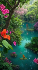 tropical forest with water, tropical forest in the morning, tropical forest with lake