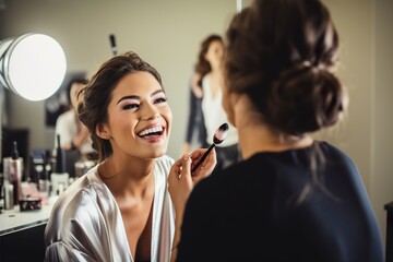 Makeup artist painting Make up face to a pretty woman