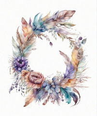 autumn wreath of flowers in boho style on white background