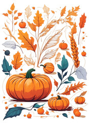 Obraz na płótnie Canvas interesting autumn graphic with pumpkins and orange leaves