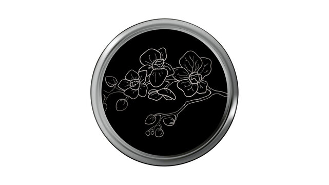 silver painting on a circular silver frame and a black background