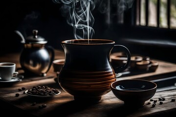 A steaming cup of coffee sits on a rustic wooden table, emanating an inviting aroma that fills the air. AI Generative