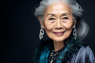 Generative AI illustration of smiling elderly Asian lady wearing vintage outfit and earrings looking at camera against black background