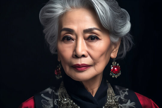 Generative AI illustration of smiling elderly Asian lady wearing vintage outfit and earrings looking at camera against black background
