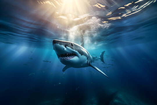 Generative AI illustration of dangerous hunting shark with sharp teeth swimming underwater