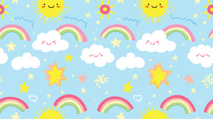 Fototapeta na wymiar Colorful funny sky doodle seamless pattern. Cute happy clouds in simple children art style background illustration with sun and rainbow.