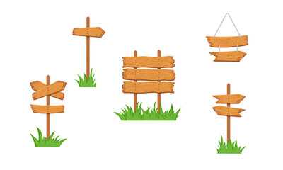 Wooden sign boards in the grass. Sign board on the stick, arrow signpost, showing direction. Old signboards for game. Blank banner hanging on chains. vector illustration
