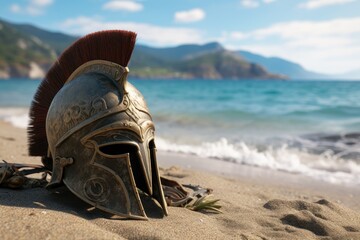 Landscape with Spartan warrior helmet on the beach sand. Generative AI - obrazy, fototapety, plakaty
