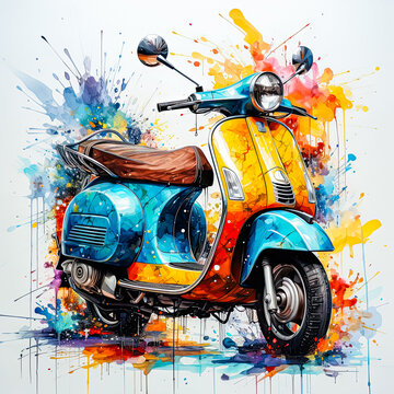 Watercolor Moped with vibrant paint splatters