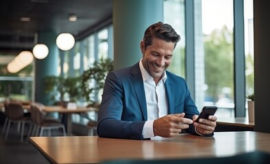 Fototapeta premium Businessman with cell phone in hand and smiling. Generative AI