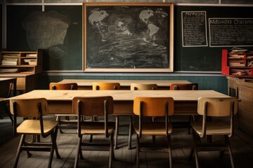 Classroom with chairs, tables and board, elementary school. Generative AI