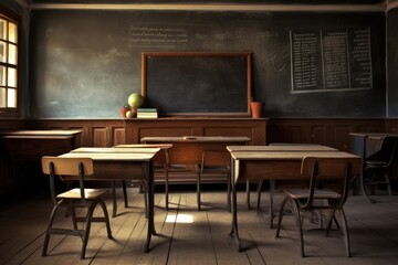 Classroom with chairs, tables and board, elementary school. Generative AI
