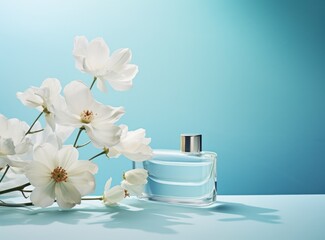 Obraz na płótnie Canvas Blue cosmetic background with white flower
