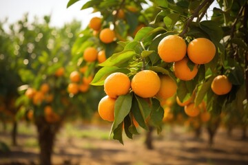Some oranges are growing on trees