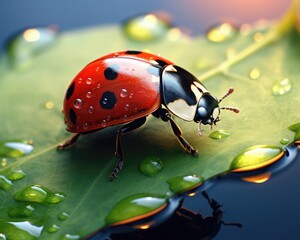 Obraz premium Little ladybug on a leaf with raindrops, insect life. Generative AI