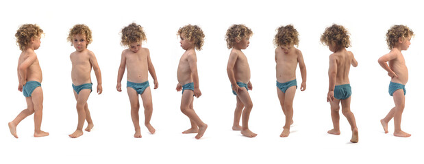 various poses of same boy in underpants walking on white background (3 year old)