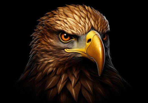 Digital illustration of eagle face on black background. Generative AI