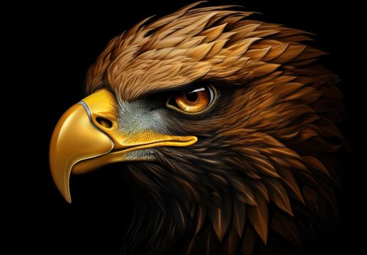 Digital illustration of eagle face on black background. Generative AI