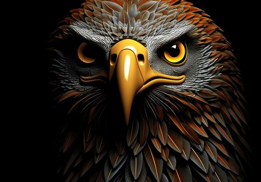 Digital illustration of eagle face on black background. Generative AI