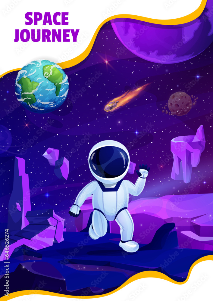 Poster cartoon astronaut in outer space on planet surface. starry galaxy vector landscape of alien world wi