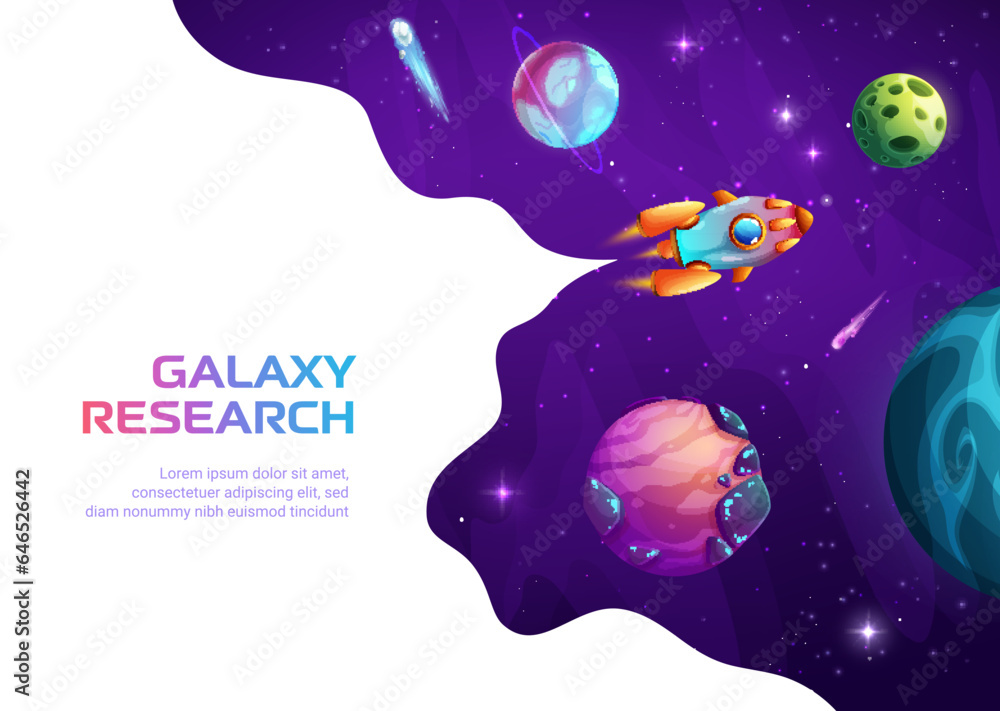 Poster Space landing page. Rocket spaceship in outer space of cartoon galaxy with fantasy planets, stars and asteroids. Vector website page template of business start up, astronomy science web banner