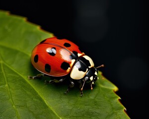Little ladybug on a leaf with raindrops, insect life. Generative AI
