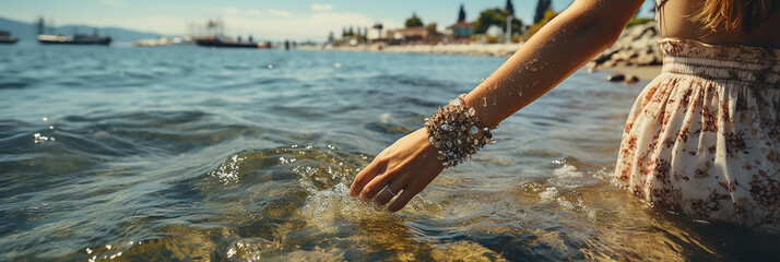 Wide web banner with a lady in water and wet hand touching water surface   - obrazy, fototapety, plakaty